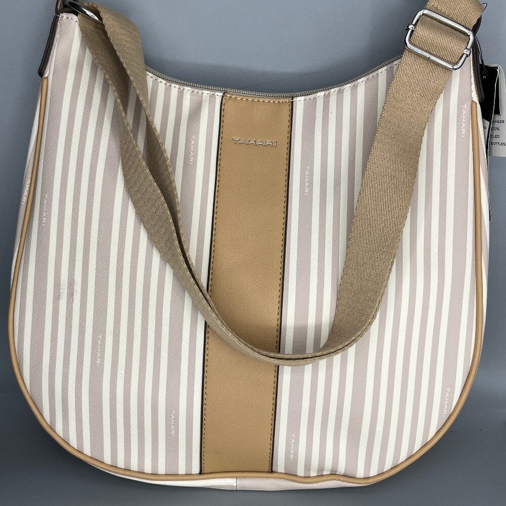 TAHARI VEGAN CROSSBODY/SHOULDER BAG SAND/BEIGE STRIPPED WITH SILVERTONE HARDWARE